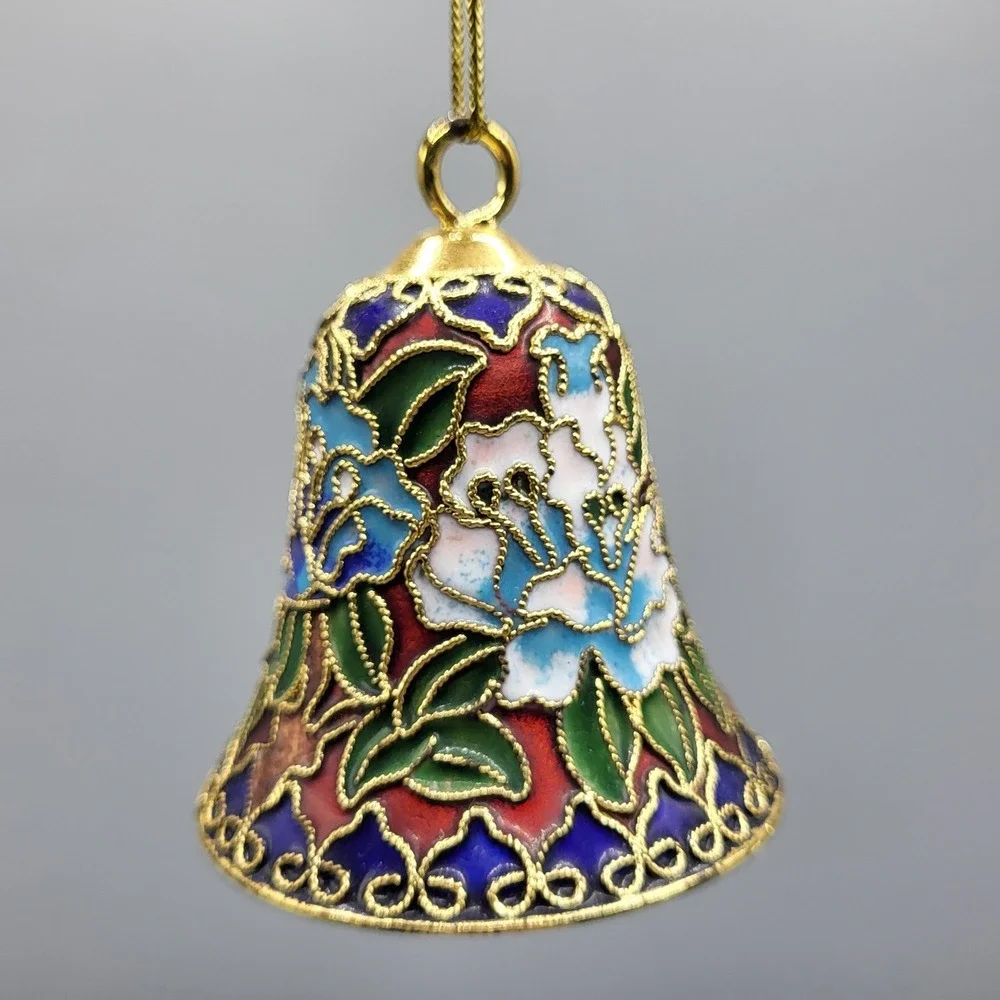 Cloisonne Bell Ornament Floral Enamel Filigree Blue Red Gold Holiday Decor